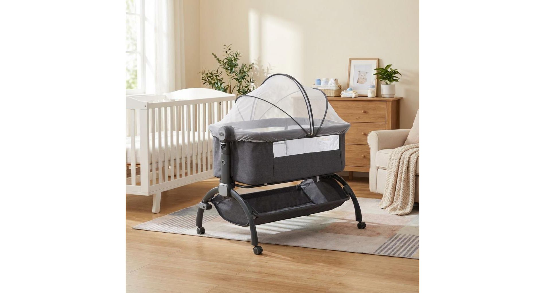 COZONY 3-in-1 Baby Bedside Crib, Adjustable Height, Breathable Mesh w/ Wheels, Dark Grey/Khaki