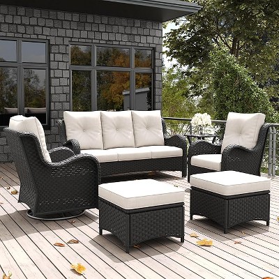 LayinSun Outdoor Patio Furniture Set, Black Rattan Wicker Sectional Swivel Rocker Chairs Sets with Ottomans, Swivel Glider Chair