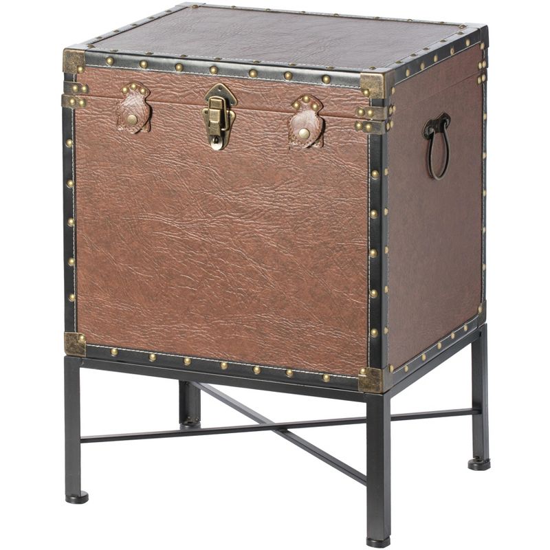 Vintiquewise Faux Leather Trimmed Lockable Square Lined Storage Trunk, End Table on Metal Stand, 4 of 9