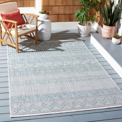 Ivory and Turquoise Rectangular Synthetic Indoor/Outdoor Rug