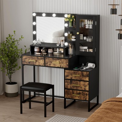 Makeup Vanity with Lights in 3 Colors, Vanity Table with Charging Station of 2 USB Ports and Outlets