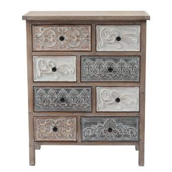 LuxenHome 8-Drawer 32.25" H x 25.75" W Rustic Carved Wood Accent Chest. Brown