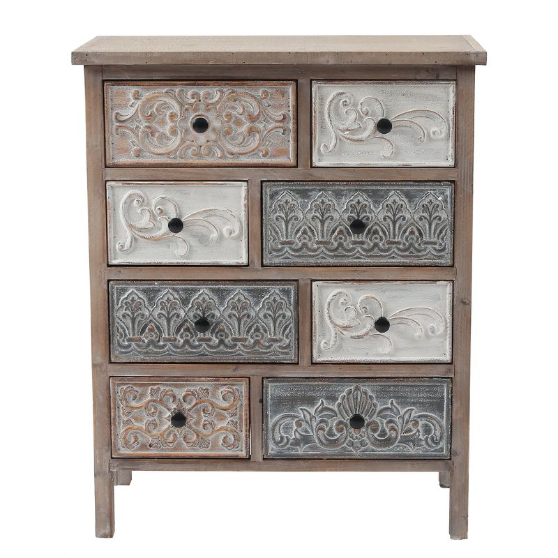LuxenHome 8-Drawer 32.25" H x 25.75" W Rustic Carved Wood Accent Chest. Brown, 1 of 12