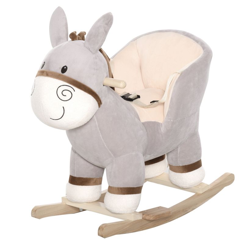 Qaba Kids Rocking Chair, Plush Ride On Rocking Horse Donkey with Sound, Wood Base Seat, Safety Belt, Baby Toddler Rocker Toy for 18 - 36 Months, Gray, 5 of 8