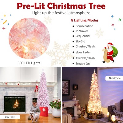 7ft Pink Snow Flocked Pre-Lit Pencil Christmas Tree with LED Lights