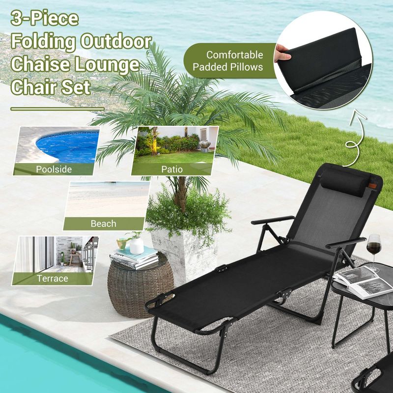 Costway 3pcs Patio Folding Chaise Lounge Chair PVC Tabletop Set Outdoor Portable Beach, 5 of 11