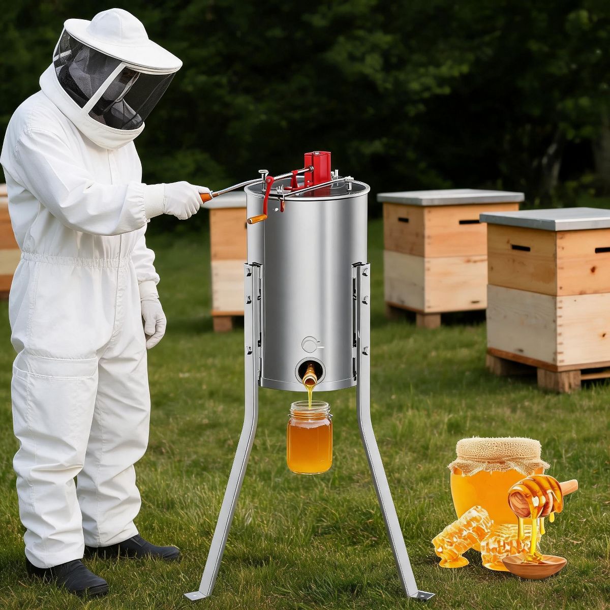 2/4 Frame Manual Honey Extractor, Stainless Steel Beekeeping Spinner with Adjustable Height Stand, Clear Lid, Fits 4 Deep Medium Shallow Frames - thumbnail 9