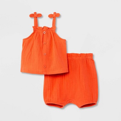 Image of Baby Girls' 2pc Sunbeam Gauze Top & Bottom Set - Cat & Jack™ Coral Pink 6-9M