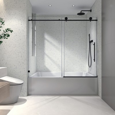 NicBex Shower Door 63"H Frameless 1 Fixed and 1 Shifted Shower Doors 304 Stainless Steel with Adjustable Soft Closing Function, Matte Black