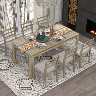 CAVINAS Dining Table Set for 6 Wood Extendable Table with 12" Leaf 2 Drawers 6 Chairs for Kitchen