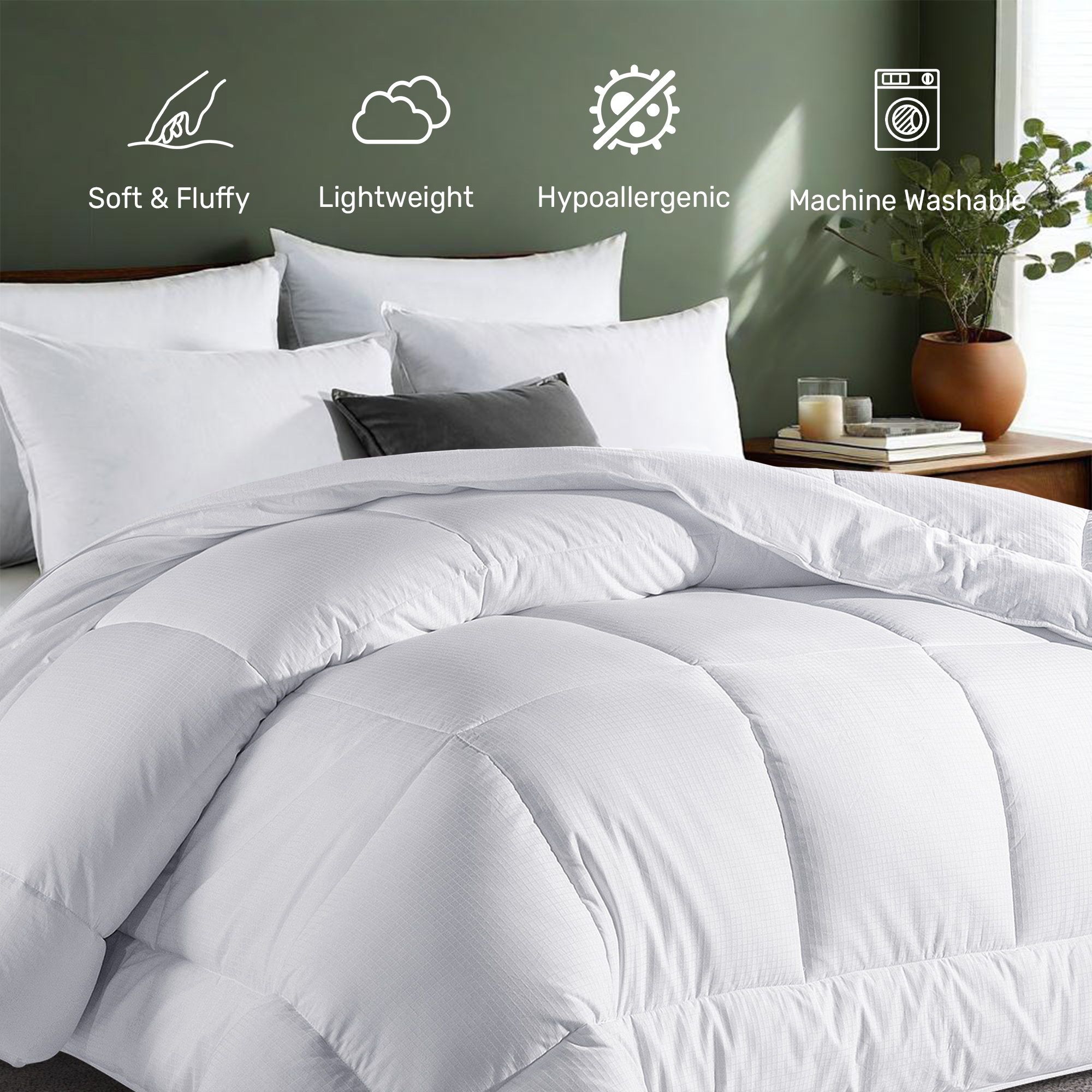 Peace Nest All Season White Down Alternative Duvet Comforter Insert with Jacquard Cover, Grid, Full/Queen