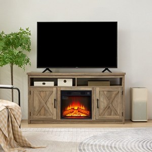 Farmhouse TV Media Stand, Large Barn Inspired Home Entertainment Console, with 18" Fireplace Insert - 1 of 2