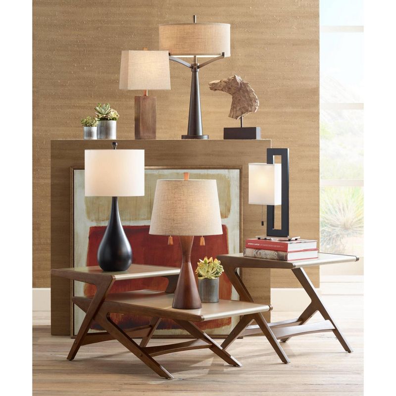 360 Lighting Omar Modern Table Lamp 28 3/4" Tall Warm Brown Wood Hourglass Oatmeal Fabric Drum Shade for Bedroom Living Room Bedside Nightstand Office, 5 of 8
