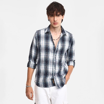 Campus Sutra Men Men's Navy Blue & Ivory White Ombre Buffalo Check Shirt