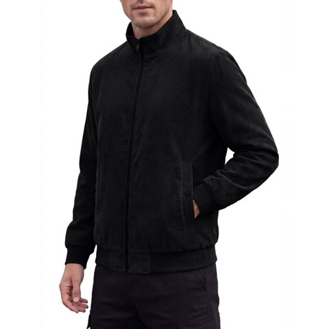 INSPIRE CHIC Men's Corduroy Lined Full Zip Trucker Shacket Vintage Winter Bomber Coat Jacket with Pockets Large Black