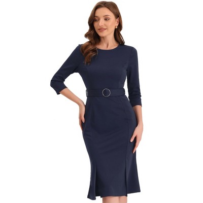 INSPIRE CHIC Women's Elegant Office 3/4 Sleeve Belted Slit Fishtail Sheath Dresses