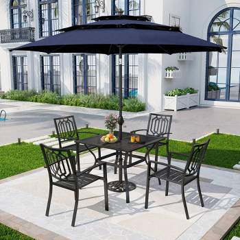 Captiva Designs 5pc Steel Outdoor Patio Dining Set with Patterned Arm Chairs & Square Table with Umbrella Hole Black