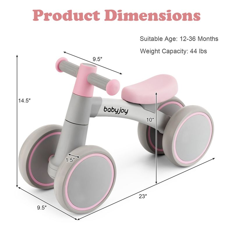 Babyjoy Baby Balance Bikes w/4 Wheels for 12-36 Months Toddler Mini Bike Pink\Blue\Grey, 3 of 13