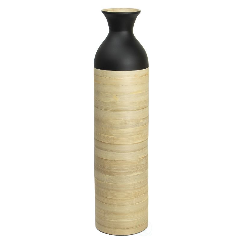 Uniquewsie Elegant Black or White Cylinder Shaped Tall Spun Bamboo Floor Vases, Embellished with a Glossy Lacquer, and Enhanced with Natural Bamboo Finish - Stylish Home Decor, Heights of 31 and 23.5 Inches, 1 of 6