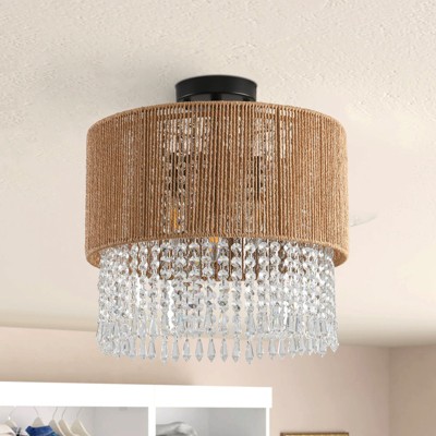 PAKOKULA 3-Light Drum Nature Rattan&Crystal Flush Mount Ceiling Light