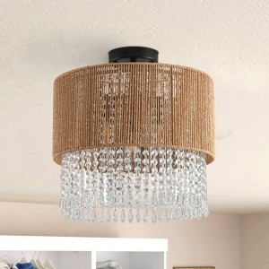 PAKOKULA 3-Light Drum Nature Rattan&Crystal Flush Mount Ceiling Light - 1 of 4