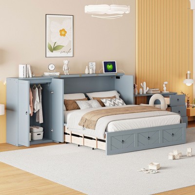 NicBex Queen Size Murphy Bed Cabinet 127.2" Bed Frame Queen Size with Desk Combo, 5 Drawers and Wardrobe for Apartment, Gray