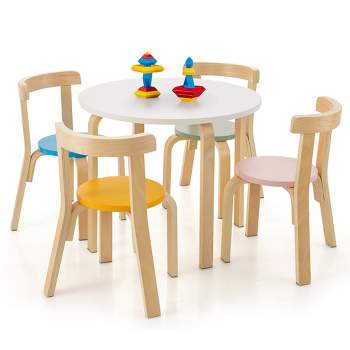 Tangkula 5-Piece Kids Wooden Curved Back Activity Table & Chair Set w/Toy Bricks