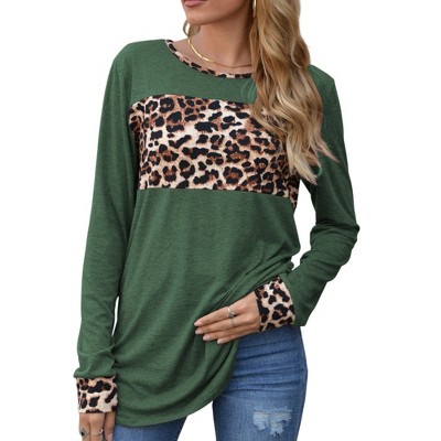 Anna-Kaci Women's Long Sleeve Pullover Top with Leopard Print Chest Panel and Cuff Accents