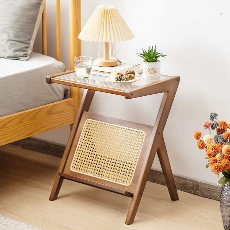 Costway Rattan Side Table Bamboo Accent Bedside Table with Tempered Glass Top Walnut/Natural, 3 of 11
