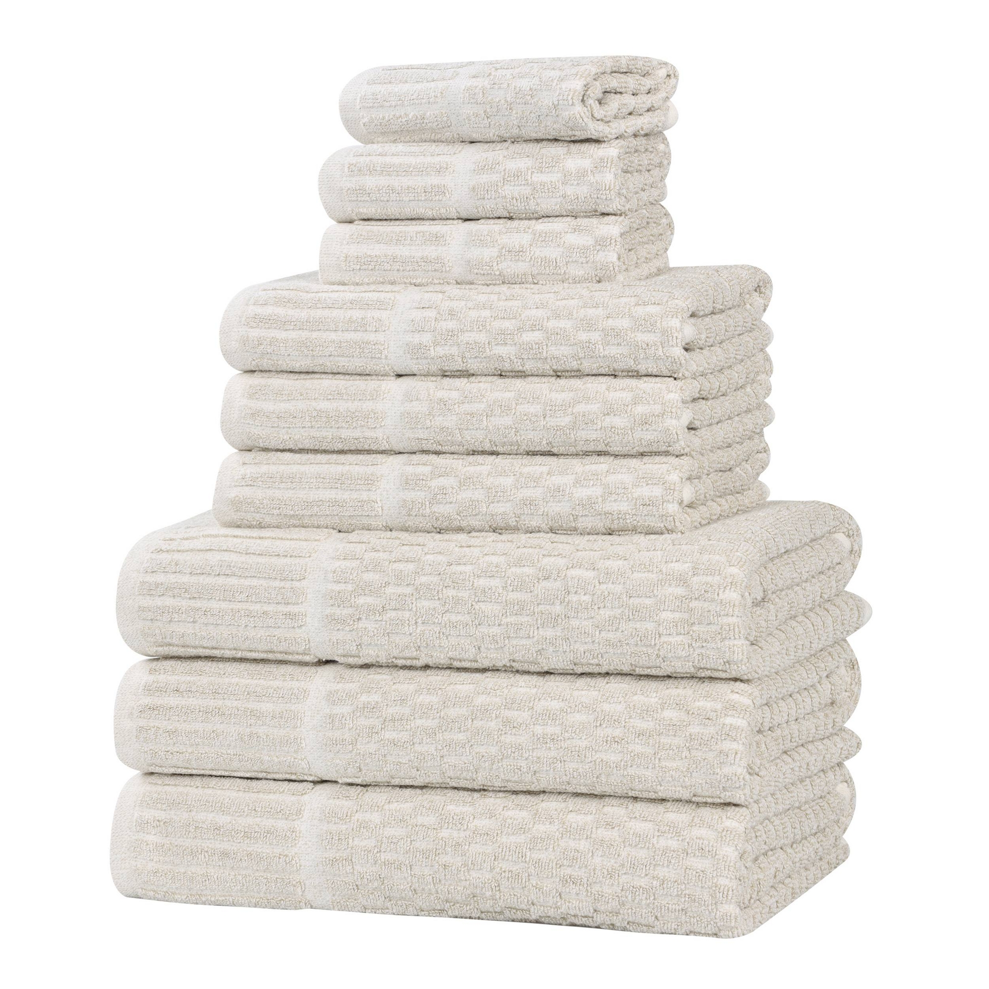 Viscose Cotton Blend Medium Weight Soft Textured Checkered Ribbed Border 9 Piece Towel Set, Beige - Blue Nile Mills