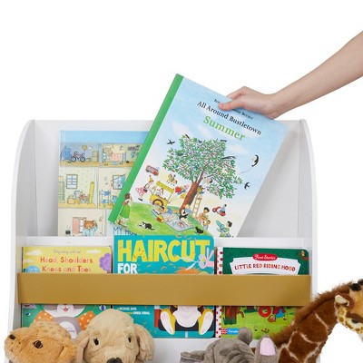 White Wooden Kids Bookcase with Gold Accents and Storage Cubes