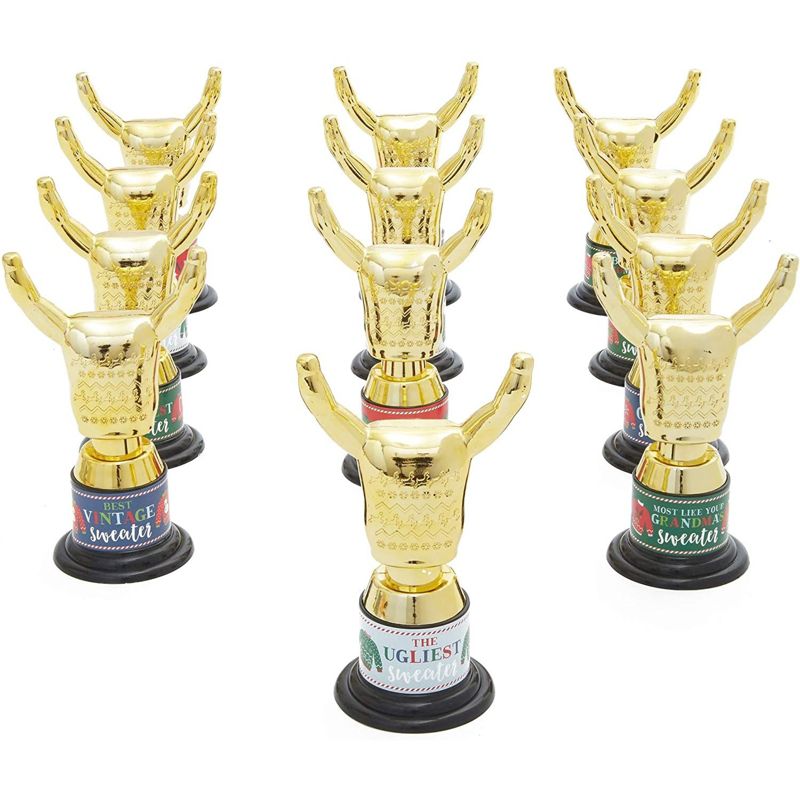 Blue Panda 12 Pack Ugly Christmas Sweater Trophy Award with Stickers for Party Decorations, 4 of 7