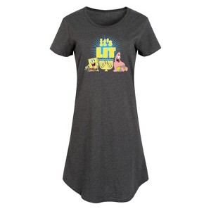 Women's SpongeBob SquarePants It's Lit Hanukkah Graphic T-shirt Dress - Heather Charcoal - Large - 1 of 4