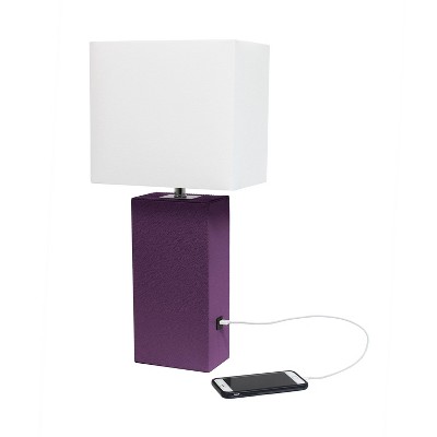 Eggplant Leather Nightstand Lamp with White Fabric Shade and USB Port