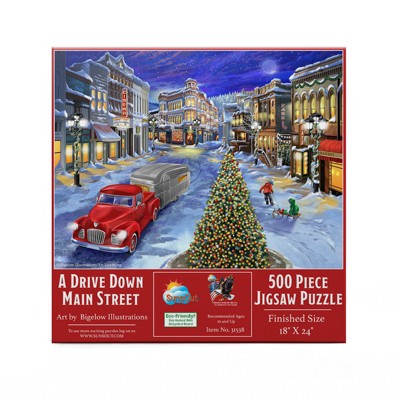 thumbnail image 2 of SUNSOUT "A Drive Down Main Street" 500 Piece Jigsaw Puzzle - 18x24 Inch Christmas Scene 2 of 12