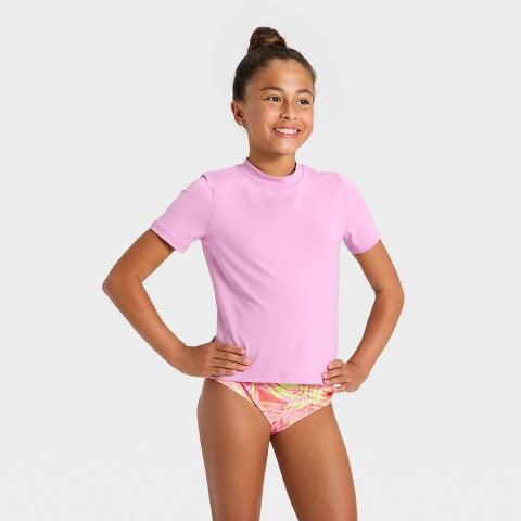 Cat & Jack Girls' Short Sleeve Rash Guard Swimsuit Top - Cat & Jack™ Lavender S