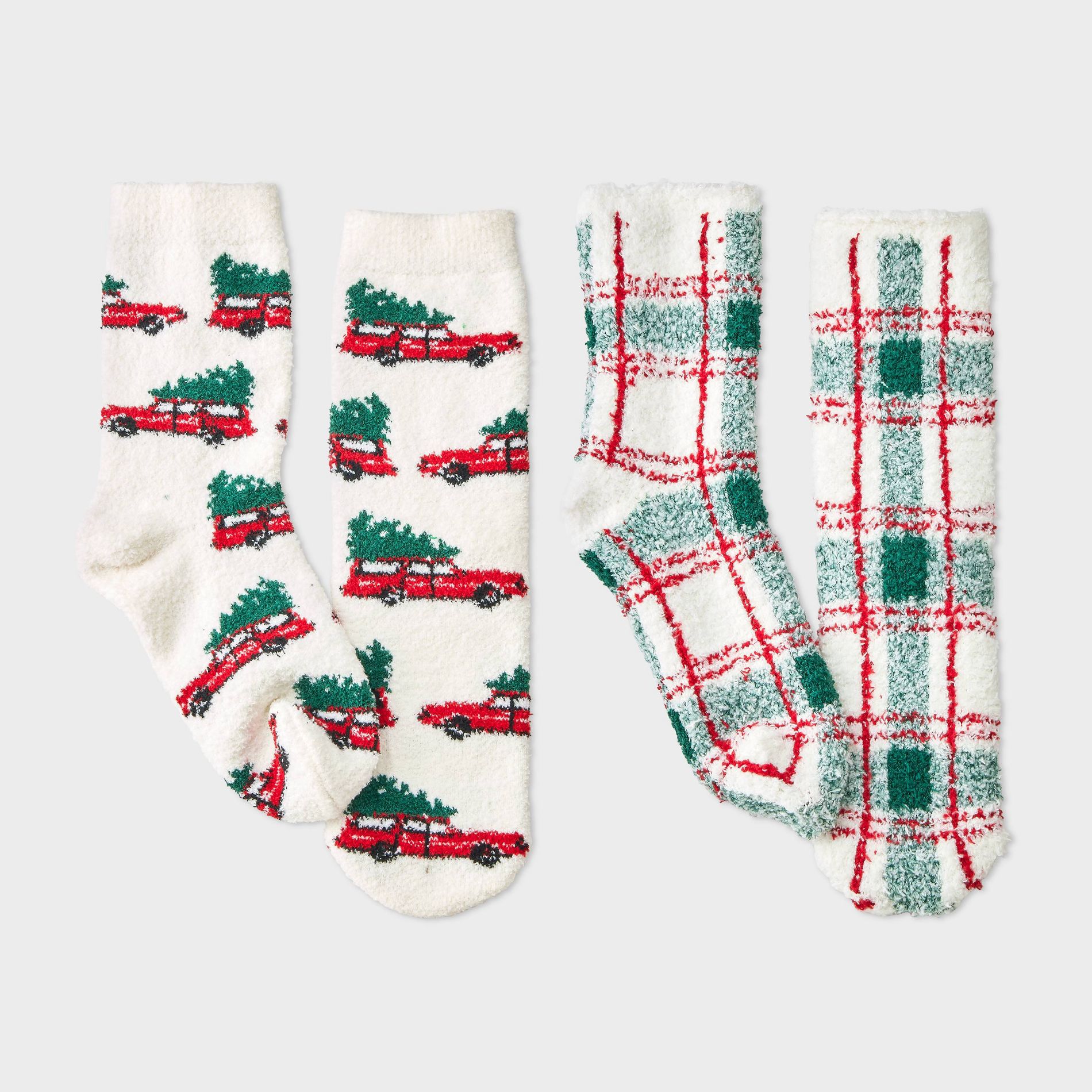 Kids' 2pk Christmas Tree Cars & Plaid Cozy Crew Socks with Gift Card Holder - Wondershop™ White