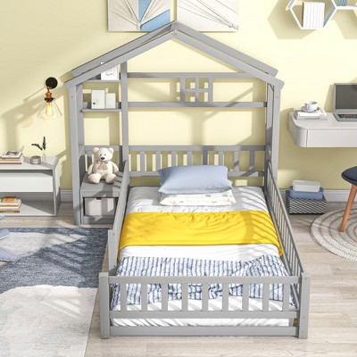 CAVINAS Twin Size Kids Montessori Bed with House Shape Headboard,Floor Bed with Guardrails Design,Toddler bed for Bedroom Playroom,Gray/White