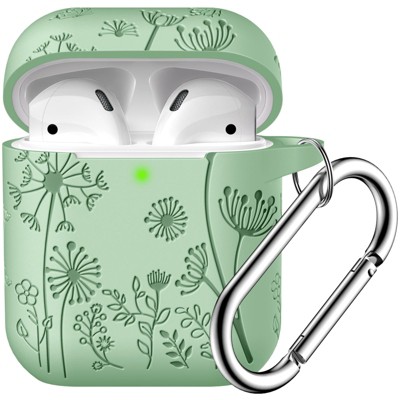 BONGEEK for AirPod Case 2nd 1st Generation Case Cover, Flower Engraved Full Protective Case Soft Silicone Pattern LED Visible,Grass Green