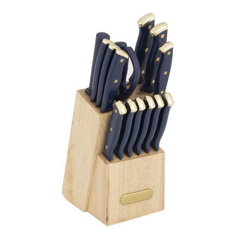 White and Gold Knife Set with White Self-Sharpening Block