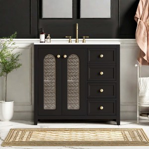 NicBex 36" Bathroom Vanity with Ceramic Sink, Bathroom Cabinet Storage with 2 Glass Cabinet Doors and Adjustable Shelf, 3 Drawers for Bathroom, Black - 1 of 4