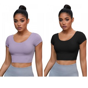 INSPIRE CHIC 2 Pcs Women's U Neck Short Sleeve Deep V Back Workout Tank Tops with Built-in Bras - 1 of 4
