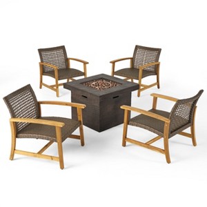 GDFStudio Jennings Outdoor Acacia Wood and Wicker 5 Piece Club Chair and Fire Pit Set - 1 of 4