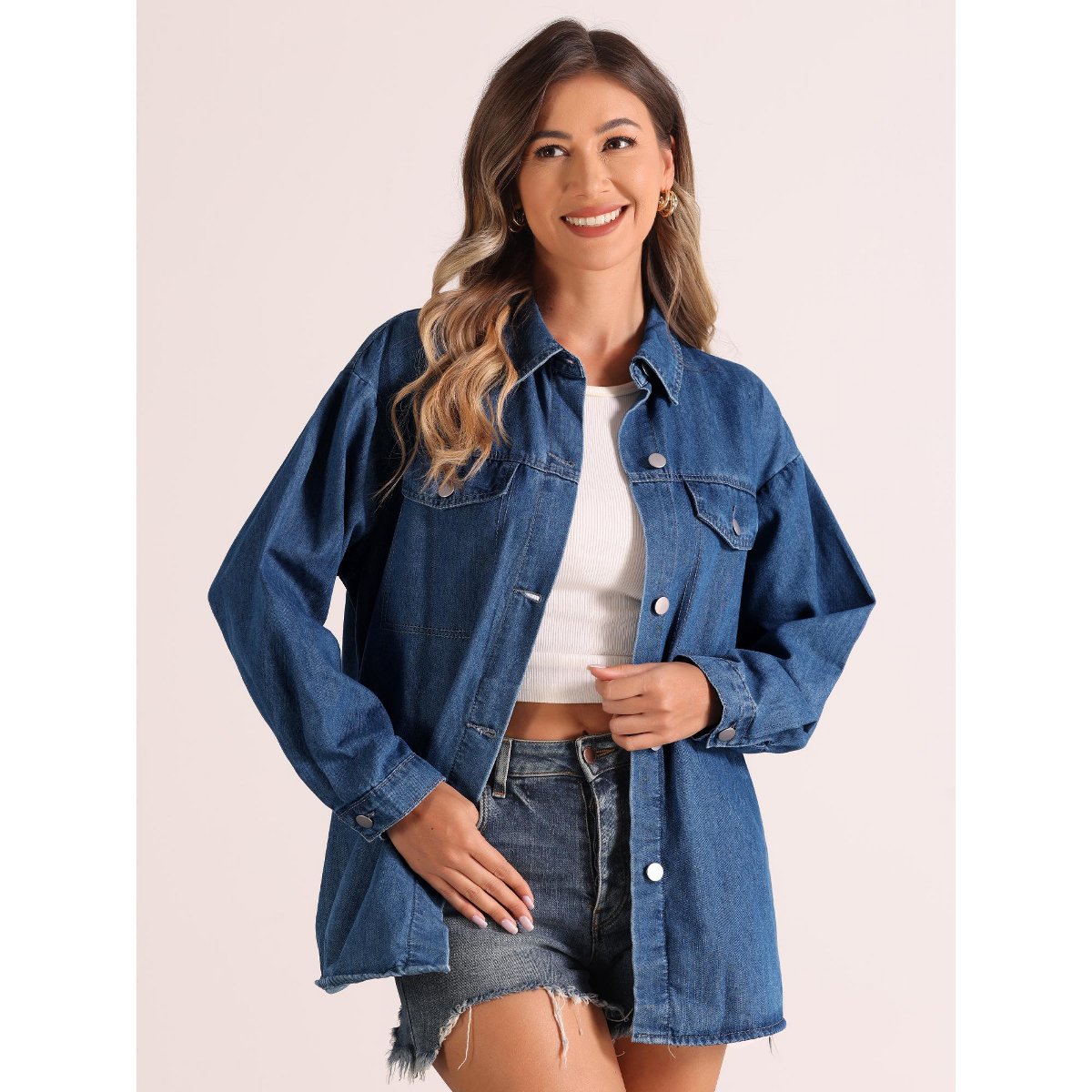 Женские куртки Allegra K Women's Collar Button Down Long Sleeve Casual Solid Denim Oversized Jacket Small Blue — фото 4