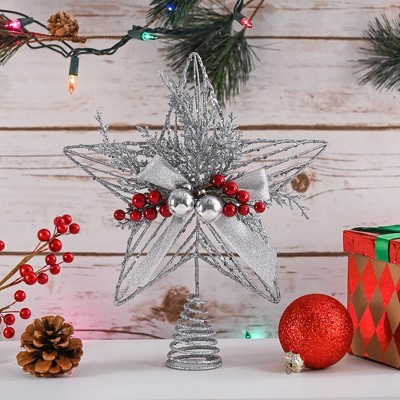 Silver Glitter Metal Star Tree Topper with Red Berries