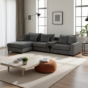 114" Corduroy L-Shaped Modular Sectional Sofa with Bluetooth & Charger - 1 of 4