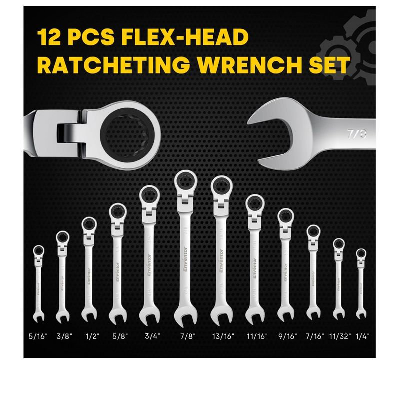 ENVENTOR Flex Head Ratcheting Wrench Set, 12 Pieces SAE 1/4-7/8 Inch, CRV Steel, 72-Teeth, with Rolling Pouch - 12 Pieces, 2 of 7
