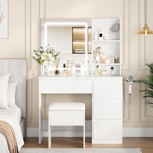 Vanity Desk with Mirror and LED Light, Vanity Desk with 4 Drawers, Power Outlet, Storage Stool, Storage Shelves - 1 of 4