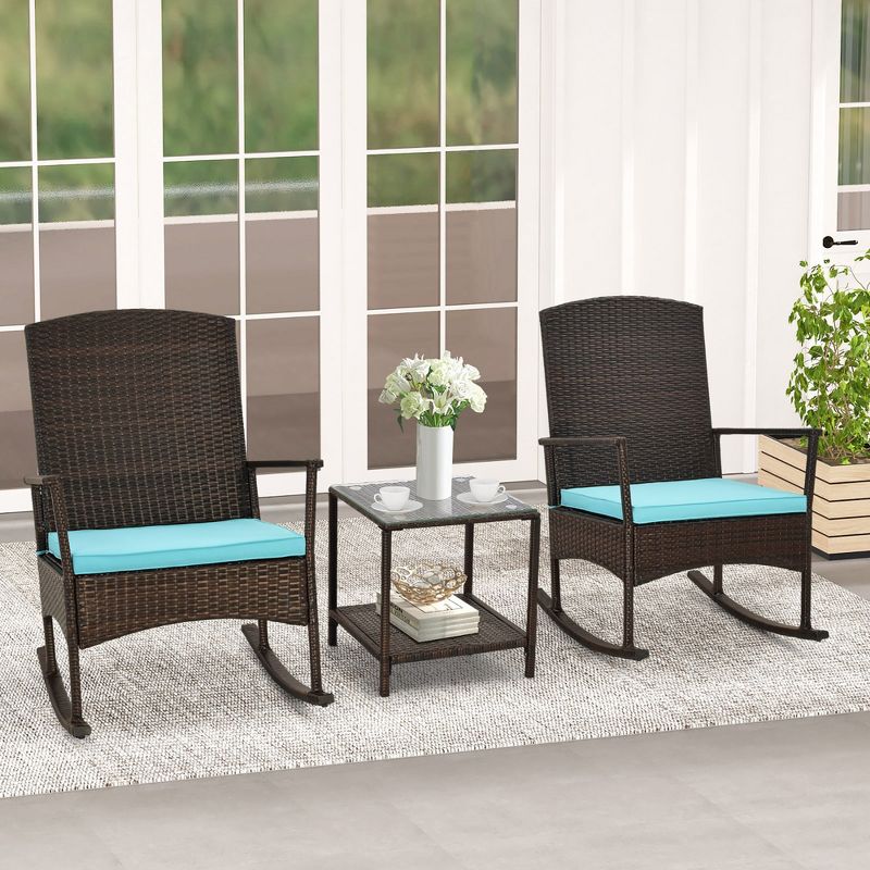 Tangkula 3 Pieces Rocking Wicker Bistro Set Outdoor Front Porch Rocker Chairs Conversation Set, 2 of 11