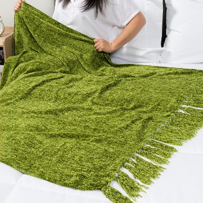 Olive Green Chenille Knit Throw Blanket with Tassel Fringe